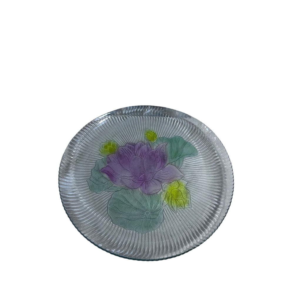 Unbranded Glass Serving Platter 12.5in Clear Purple Lotus Floral Ribbed Round